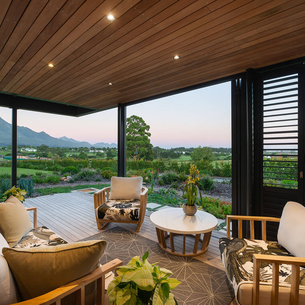 Terrace and indoor living merging in a modern architectural home on The Garden Route South Africa