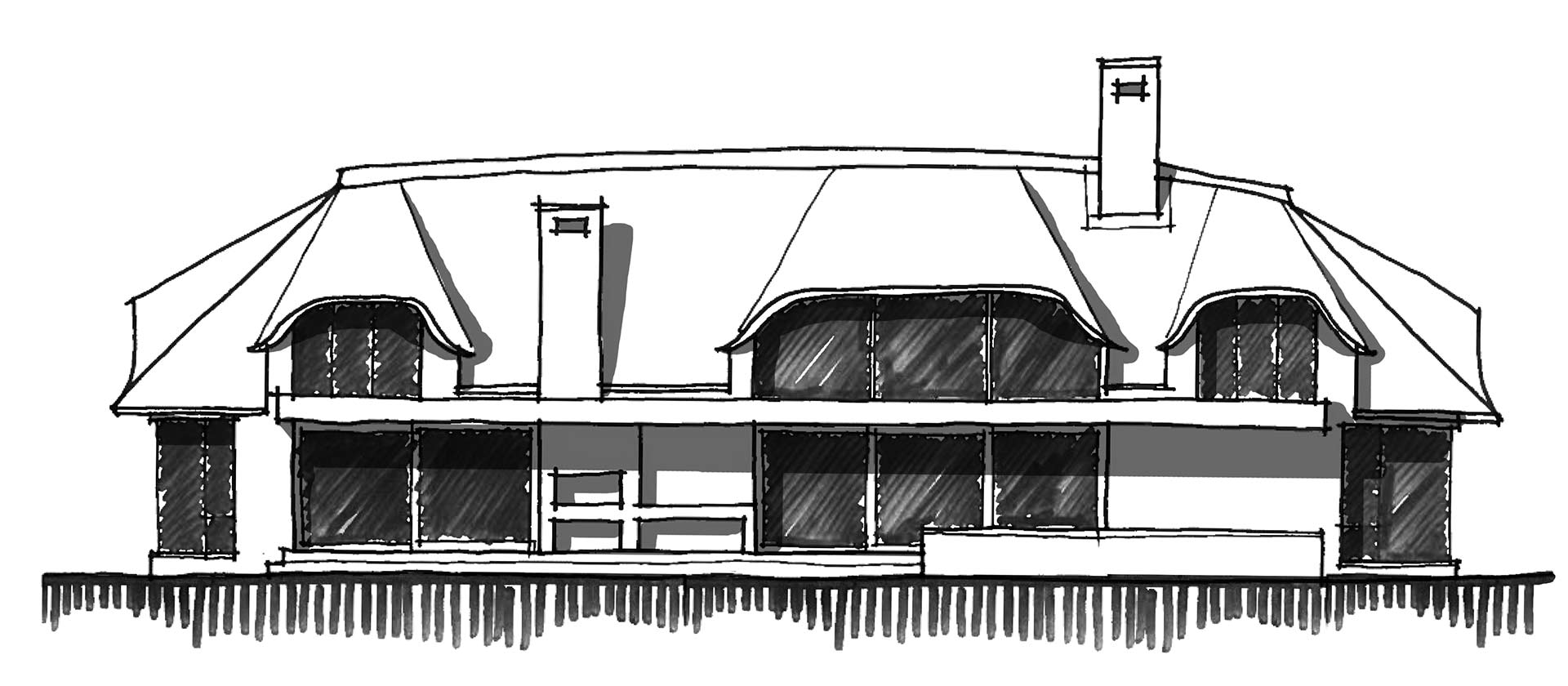 Concept elevation sketch highlighting curved thatch roof and central chimney