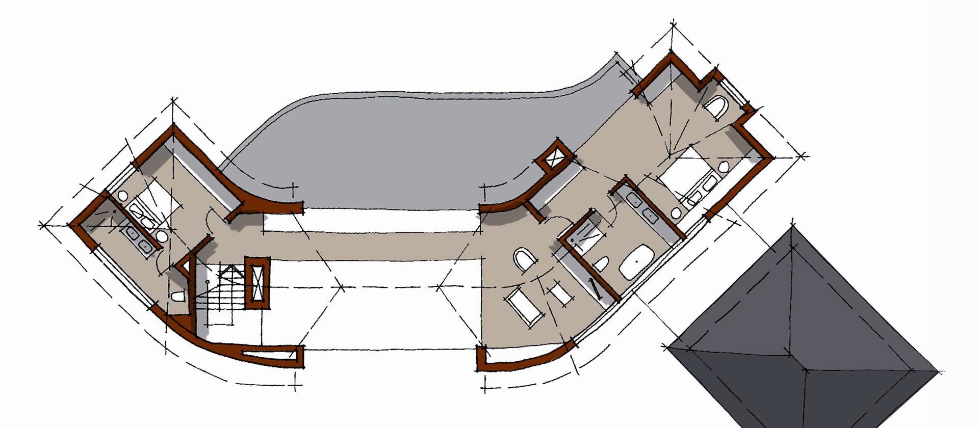 Upper-level plan sketch with mezzanine lounge and bedroom suites, bushveld architecture