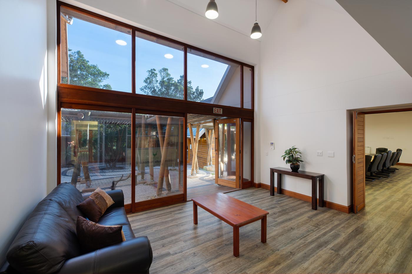 Reception seating area facing courtyard and entrance to boardroom wing