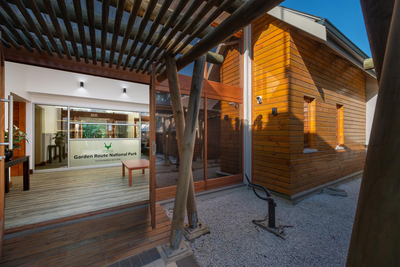 Entrance courtyard and Garden Route National Park signage in The Eastern Cape, Commercial Architects Eastern Cape