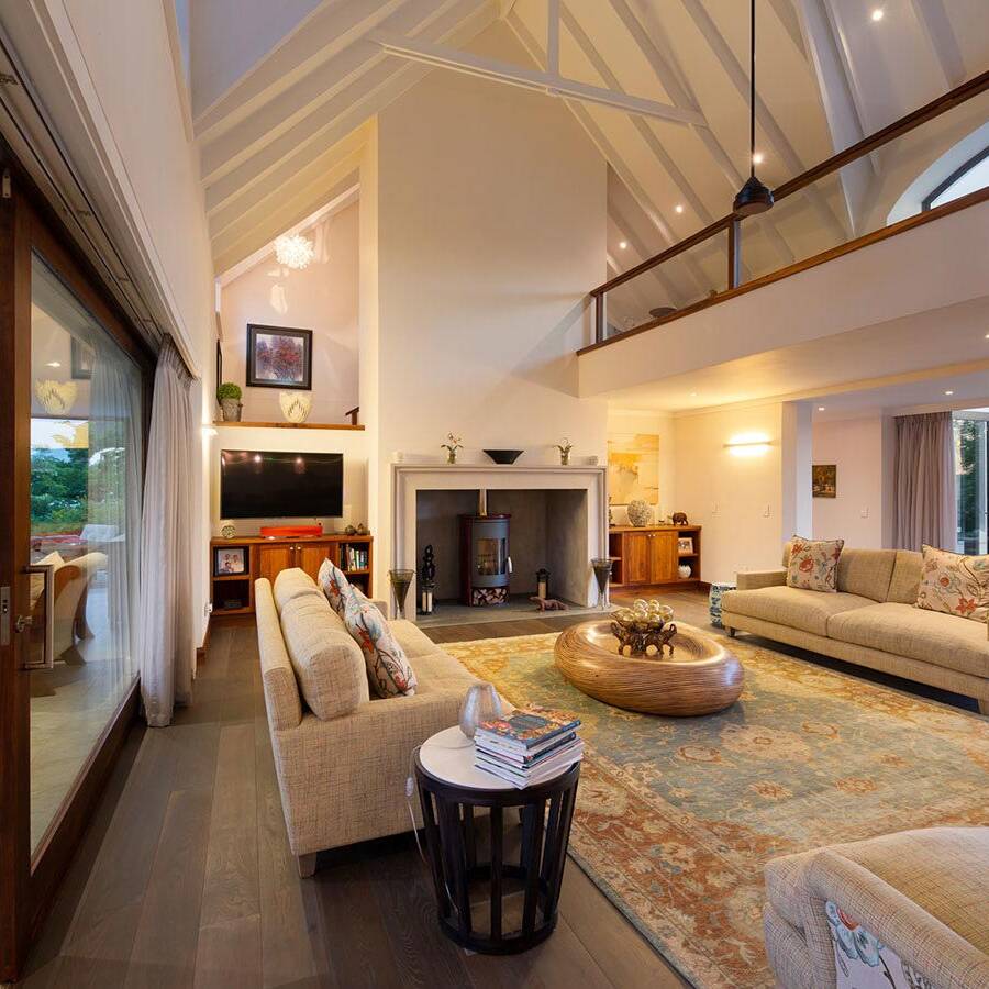 Double volume living space in luxury contemporary villa.