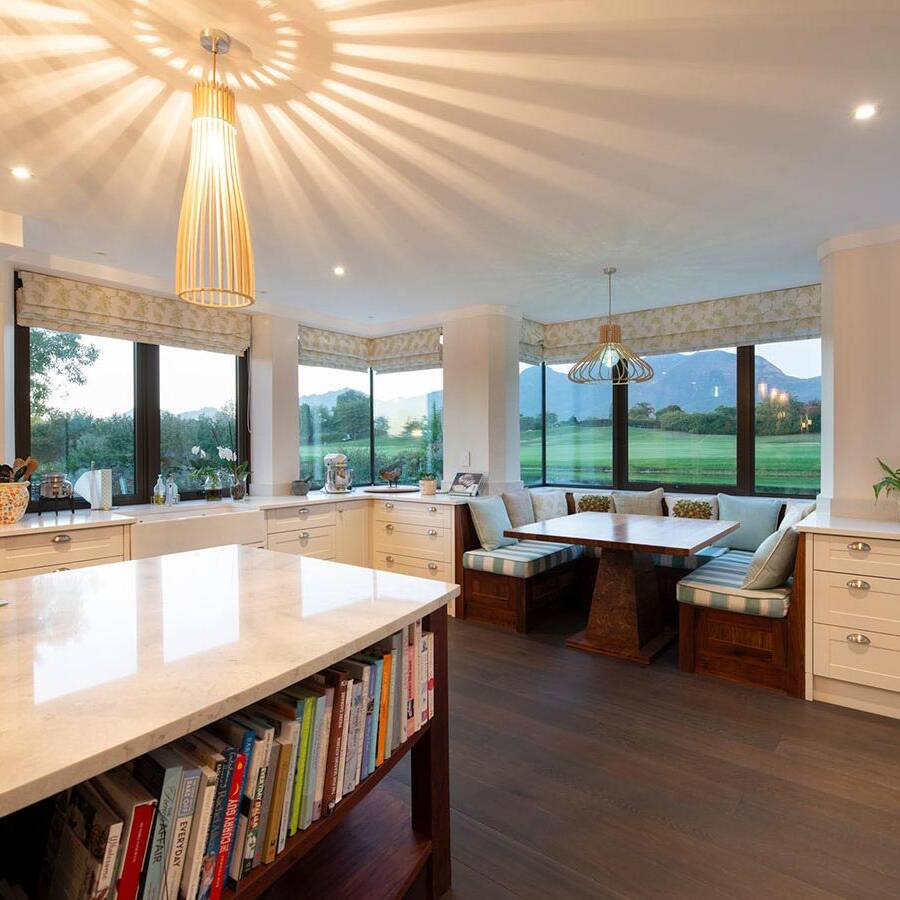 Kitchen view at dusk in modern home