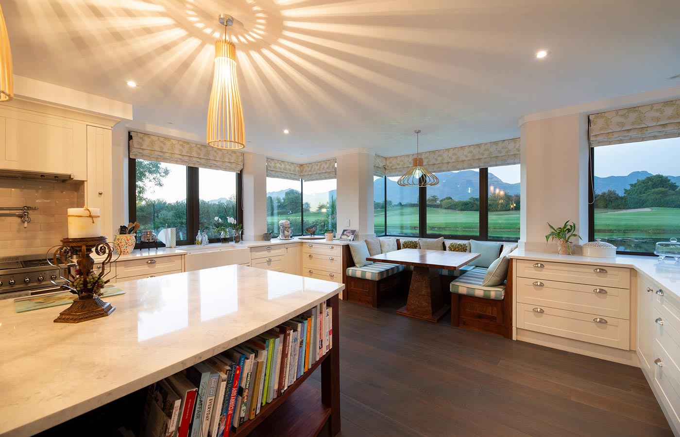 Kitchen view at dusk in modern home