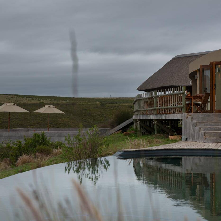 Timber deck and thatched gazebo outside the main lodge with valley views in the Garden Route
