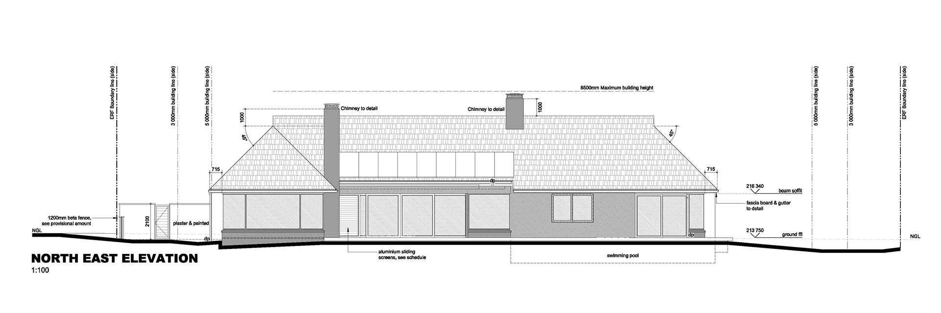 North-east elevation of House 3002 with long roofline and sliding doors to pool