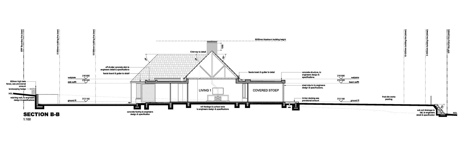 Section B–B of House 3002 showing covered stoep, living space and roof structure