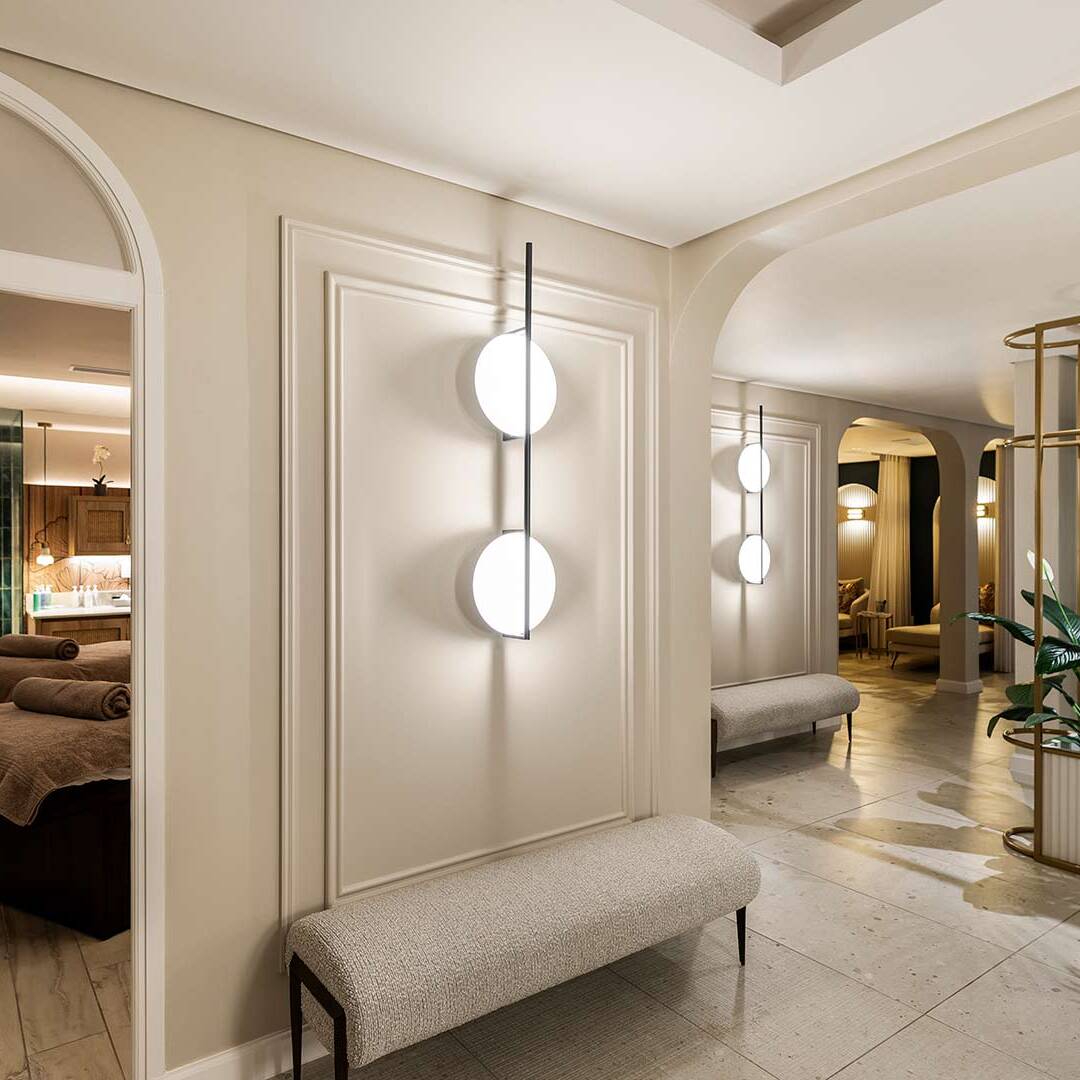 Treatment corridor with globe lights and planted feature