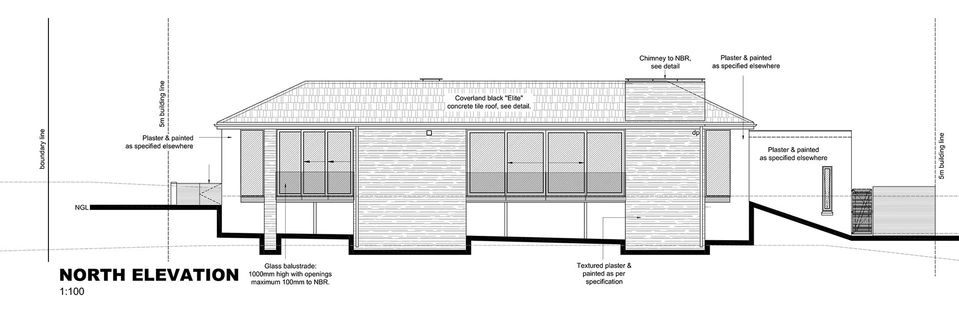 Building section of House 1418 illustrating courtyard wing, roof trusses and retaining walls