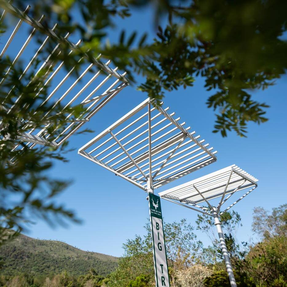 Close view of steel shade structures framed by foliage at the entrance plaza