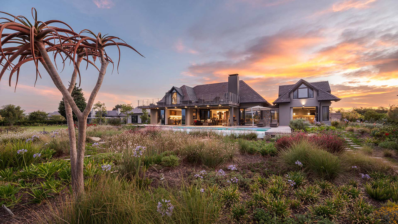 Exterior of Garden Route home with extensive landscape architecture